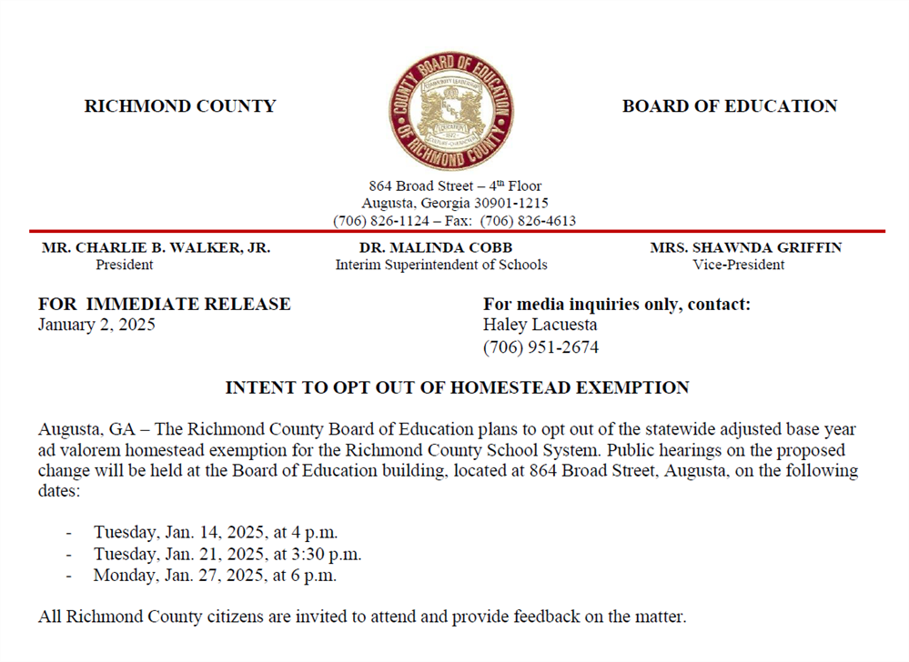 RCBOE Intent to Opt Out of Homestead Exemption